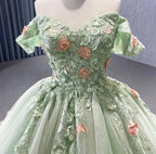 Robe de bal verte matcha à épaules dénudées avec appliques florales, dos à lacets scintillants, pour quinceañera, concours, occasion spéciale, gala Y2190