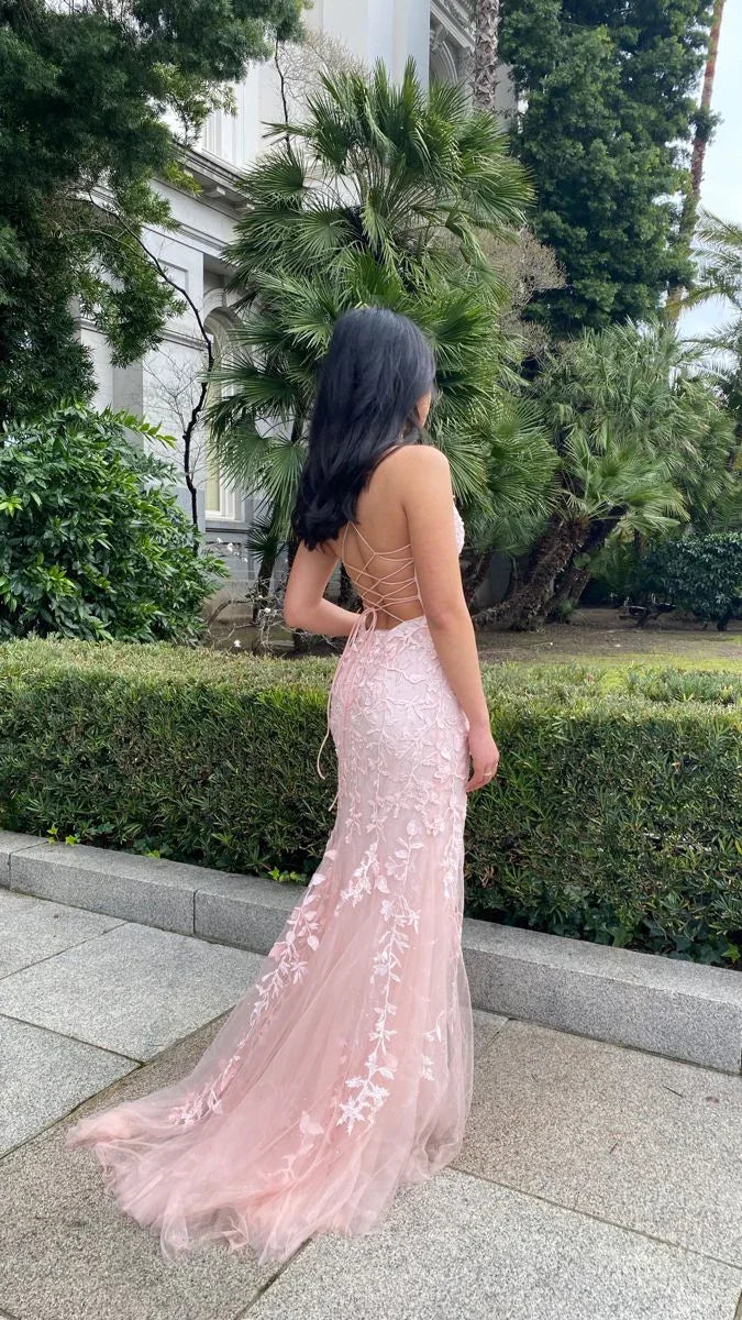Abito da sera rosa con merletto e tulle a sirena, schiena allacciata Y2902