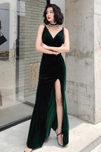 Vestidos longos simples de veludo verde escuro com decote em V, vestidos formais de veludo verde escuro para formatura e cerimónias Y2926