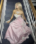 Vestido de Baile Longo de Cetim Rosa Encantador, Sem Alças, Vestido Formal de Noite Y8192