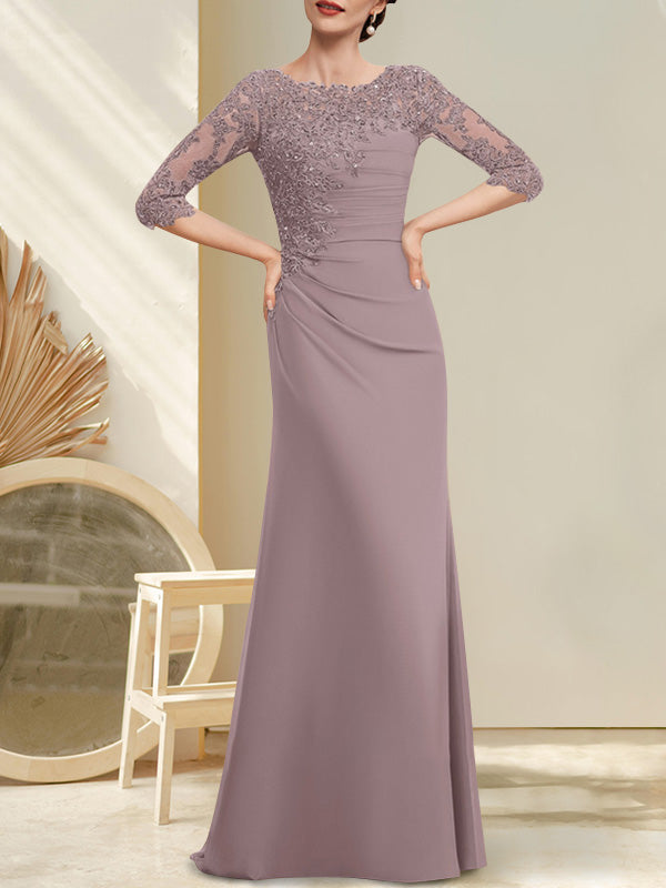 Robe de mère de la mariée en mousseline et dentelle, longueur au sol, en ligne A, décolleté en U, ornée de perles et de paillettes plissées
