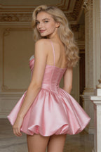Robe mini satin corset rose blush avec jupe bouffante à bulles