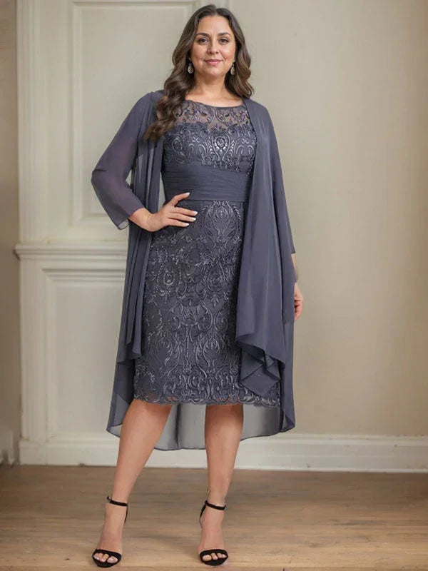 Abito da madre della sposa in pizzo e chiffon con gonna a colonna a effetto illusion fino al ginocchio, con balze a cascata e paillettes