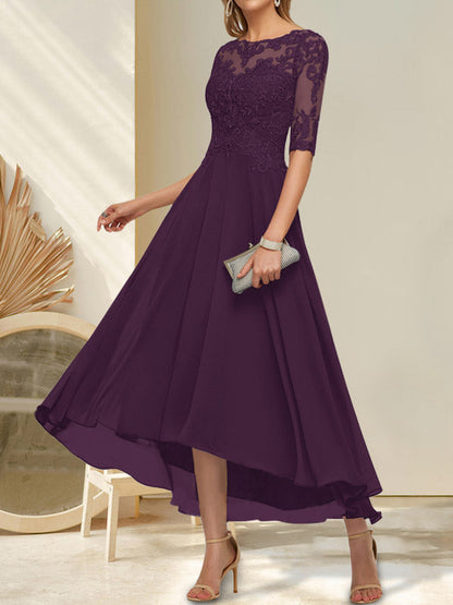 Vestido de madre de la novia de gasa asimétrica con escote barco, ilusión, encaje y lentejuelas con abalorios.