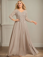 Robe de mère de la mariée en mousseline de soie à dentelle, longueur au sol, en ligne A, col en V, ornée de paillettes