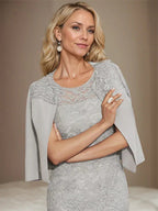 Vestido de Mãe da Noiva em Chiffon com Renda, Bordado e Comprimento ao Joelho, Modelo Tubo/Coluna