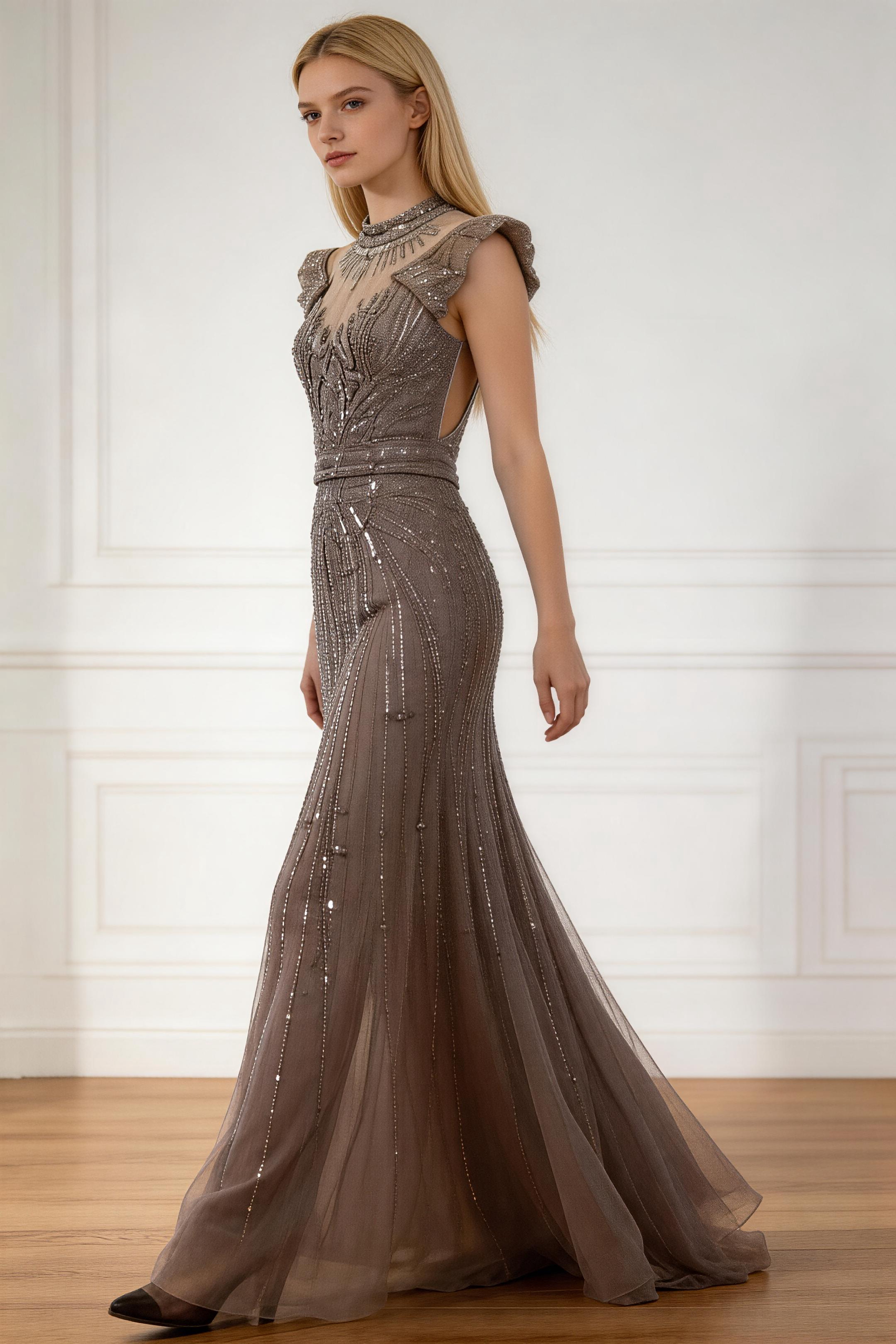 Luxury Caramel Mermaid Beaded Evening Dress LA73082