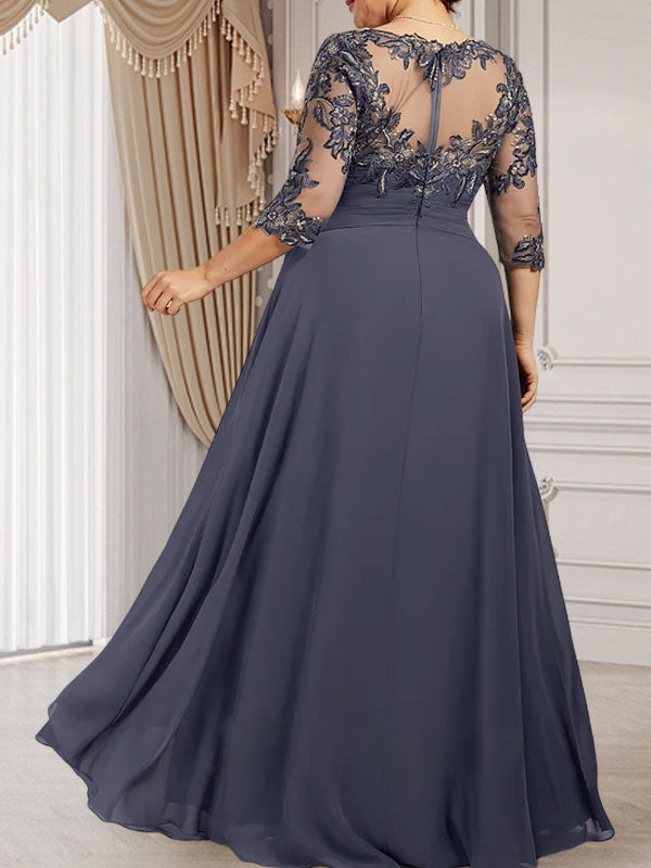 A-Linie, U-Ausschnitt, Illusion, bodenlanges Chiffon-Kleid für die Brautmutter mit kaskadierenden Rüschen
