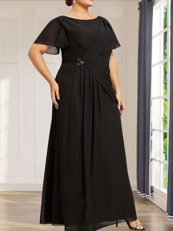 Robe de mère de la mariée en mousseline, longueur cheville, en ligne A, encolure dégagée, ornée de perles et plissée