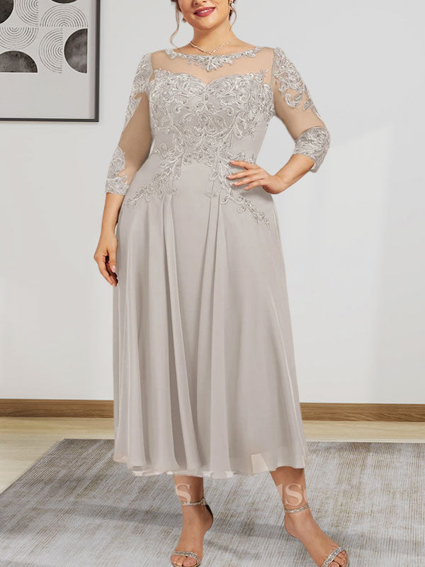 A-Linie, U-Ausschnitt, Illusion, knielang, Chiffon, Spitze, Kleid für die Brautmutter mit Perlen und Pailletten