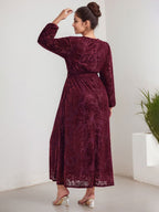 Robe mère de la mariée en velours, longueur thé, manches longues, en ligne A, col en V, avec fente