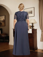 Robe de mère de la mariée en dentelle et mousseline, longueur au sol, en ligne A, décolleté en U, ornée de paillettes