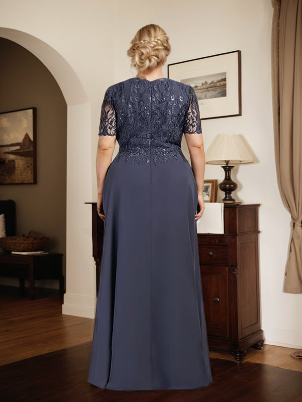 Robe de mère de la mariée en dentelle et mousseline, longueur au sol, en ligne A, décolleté en U, ornée de paillettes