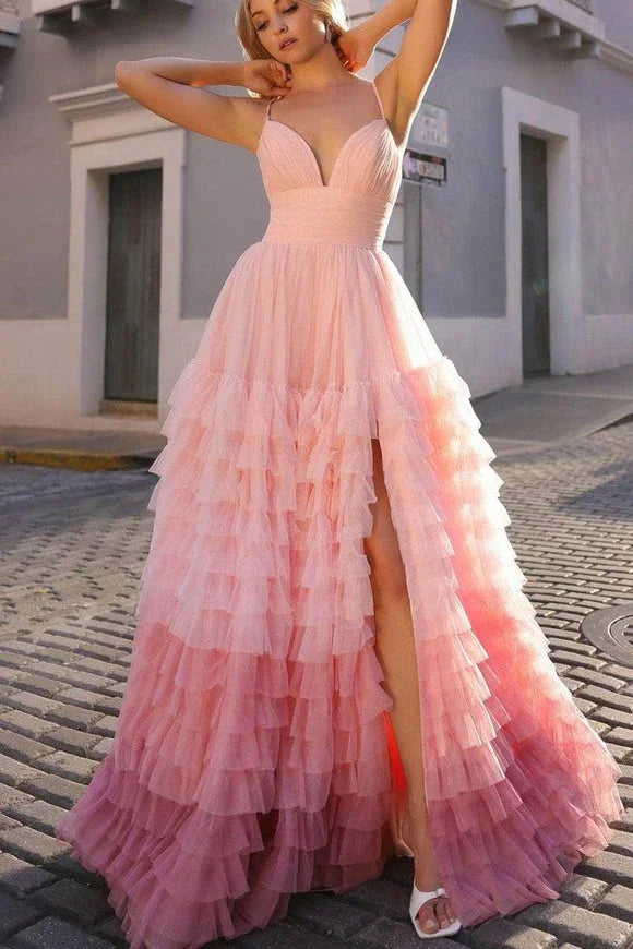 Linae | Abito da sera lilla in tulle a linea A con scollo a V e spacco