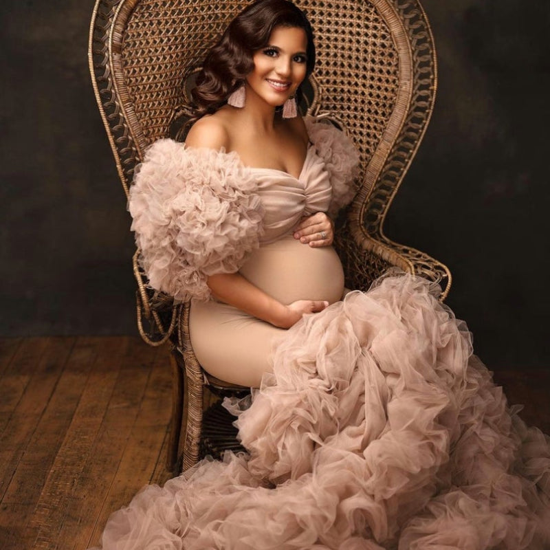 Chic Maternity Tulle Gown Maternity Dress Champagne Tulle Maternity Dresses for Photo Shoot Robe Pregnant Women Formal Gowns