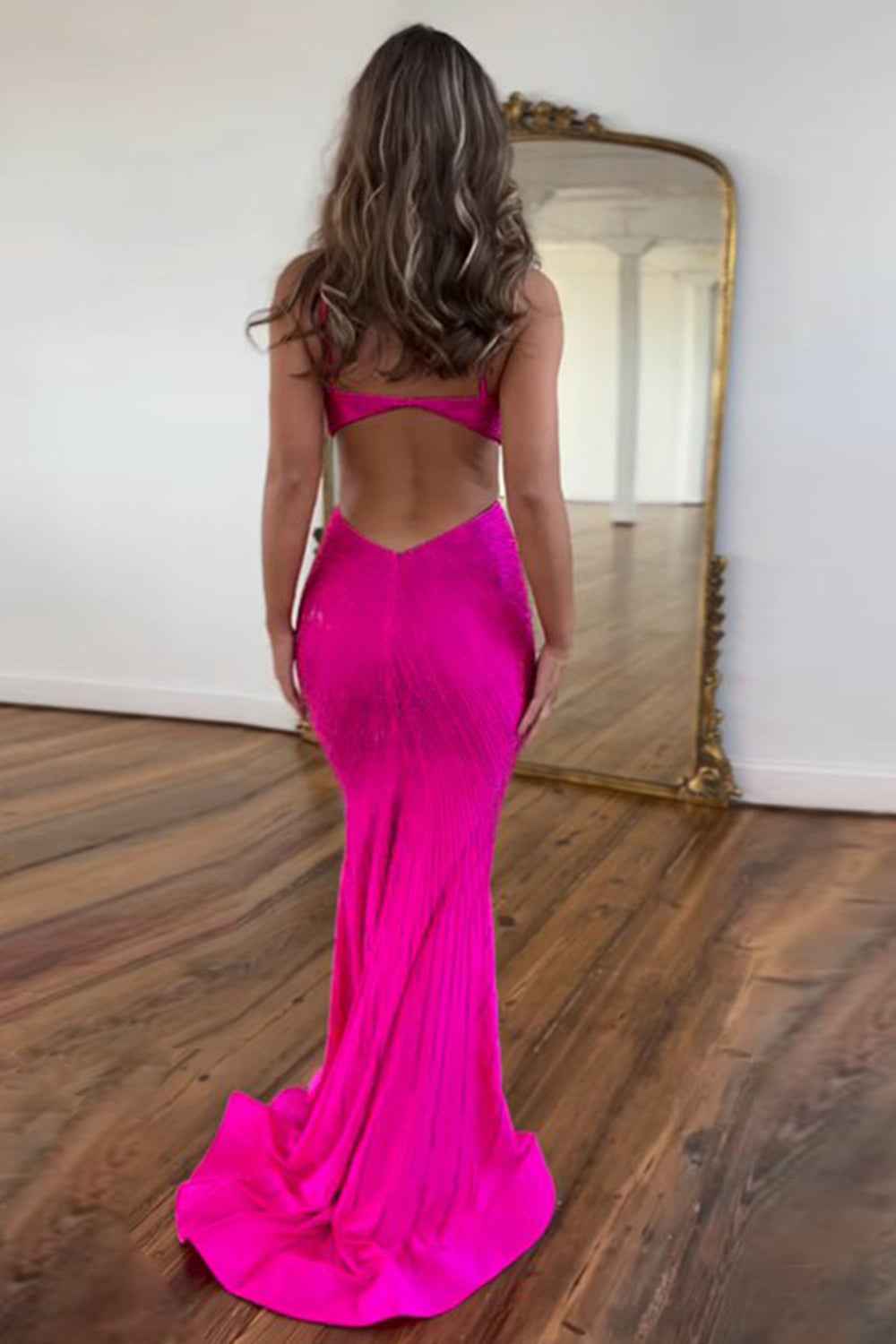 Glitter Yellow Spaghetti Straps Mermaid Cutout Long Prom Dress With Beading