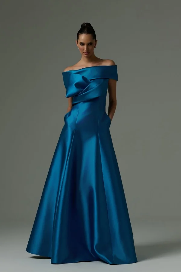 Off Shoulder Sleeveless Long Pleated Pocket Custom Prom Dress