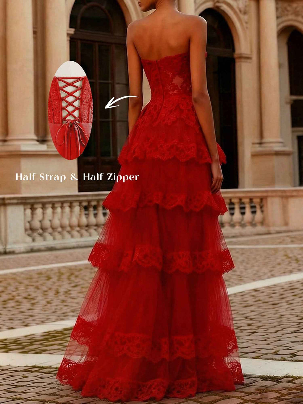 Scarlet Red Strapless Lace Bodice A-Line Tiered Tulle Prom Dress