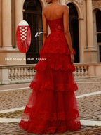 Scarlet Red Strapless Lace Bodice A-Line Tiered Tulle Prom Dress