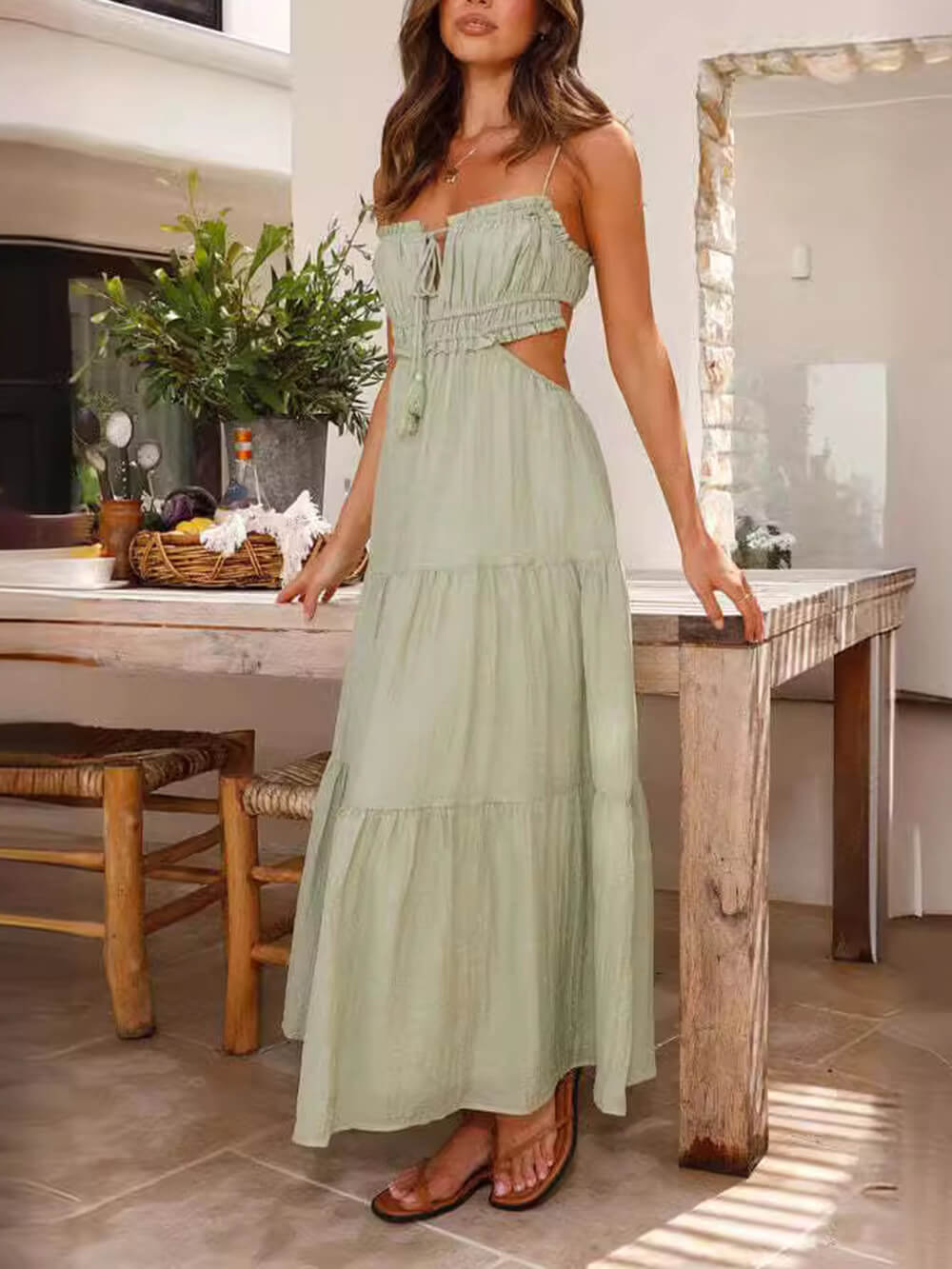 Vestido de patchwork plisado sin mangas con dobladillo completo y hueco 