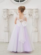 Detachable Lace Tulle Flower Girl Dress With Bow And Sweep Train