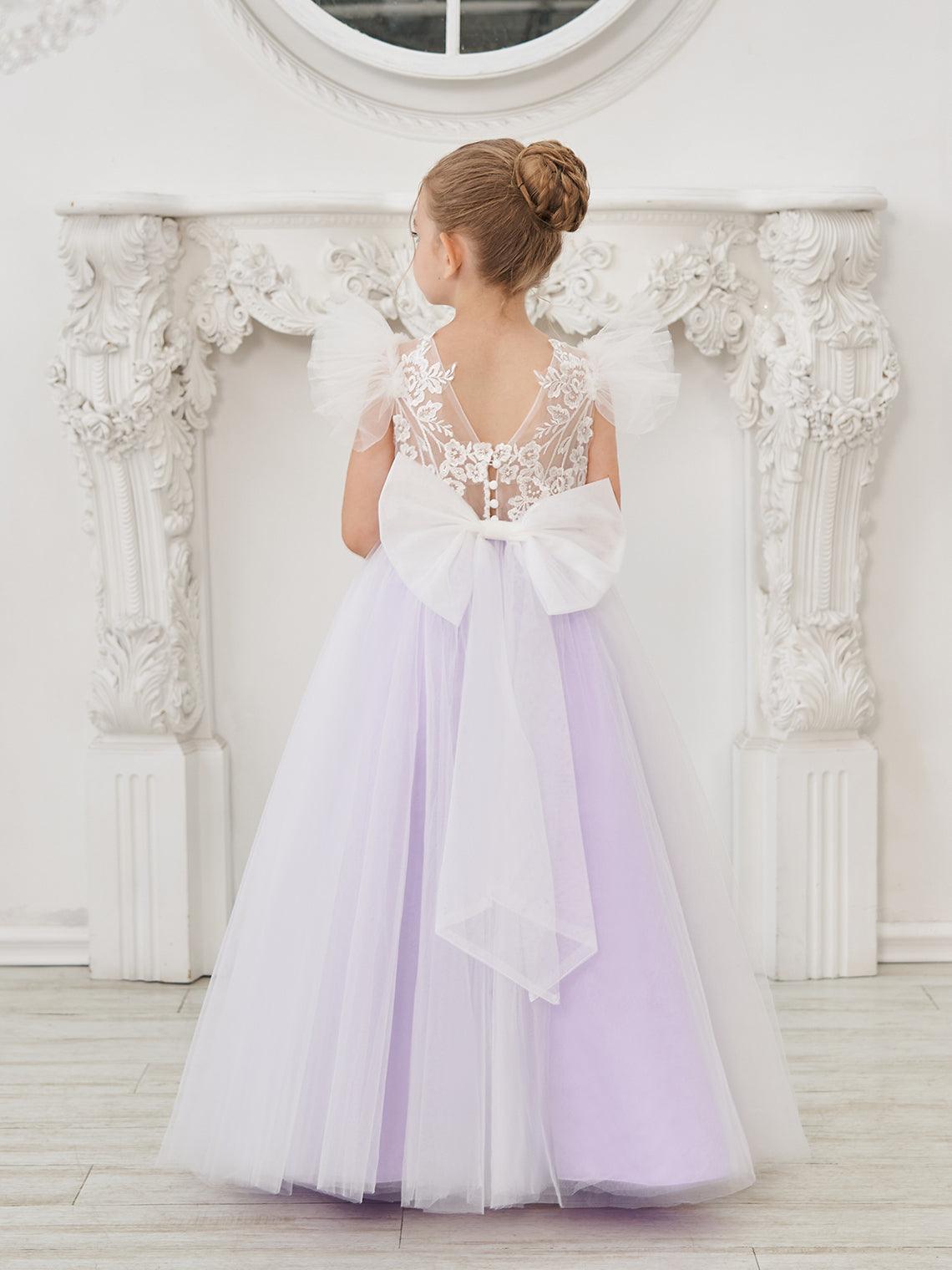 Detachable Lace Tulle Flower Girl Dress With Bow And Sweep Train