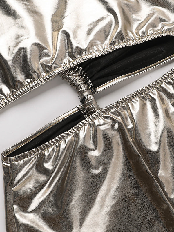 Skinny Sleeveless Asymmetric Pleated Shiny Split-Back Split-Joint One-Shoulder Evening Dresses Maxi Dresses