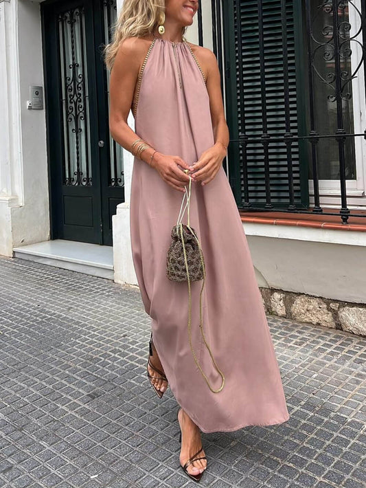 Maxikleid mit Neckholder und Goldbesatz