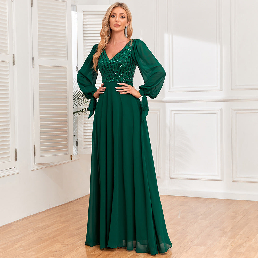 Long Sleeve Lace Up High Quality Double V Neck Sequin Chiffon Patchwork A Line Big Swing Full Lining Party Evening Dress