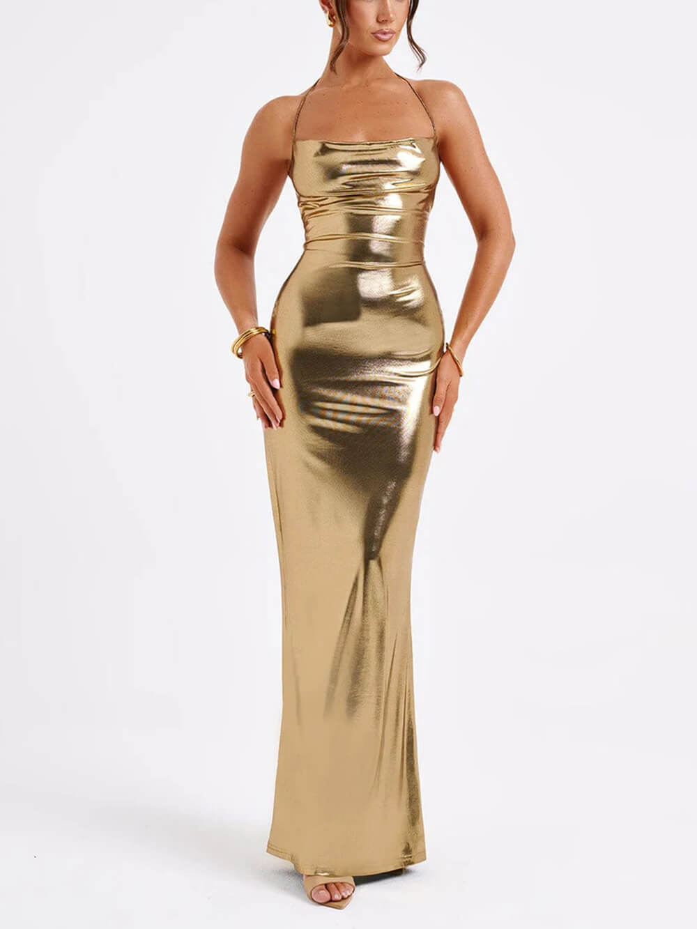 Rückenfreies Maxikleid mit Swing-Kragen und glänzendem Metallic-Muster 