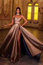 Champagne One Shoulder Satin Floor Length Evening Gown With Glitter