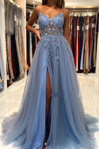 Blue Spaghetti Strap Prom Dress Tulle A Line Backless Floor Length Beads