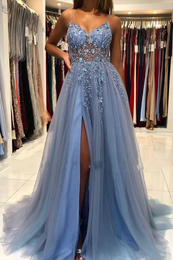 Blue Spaghetti Strap Prom Dress Tulle A Line Backless Floor Length Beads