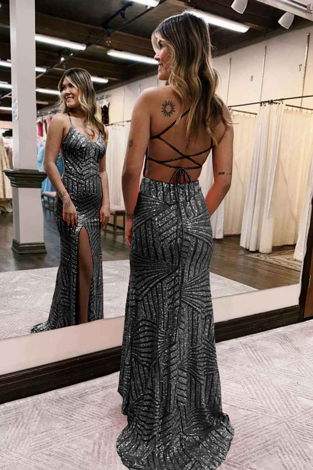 Orange Sequins Sheath Prom Dress With Spaghetti Straps And Criss Cross Back