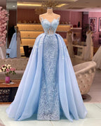 Sky Blue Mermaid Lace Prom Dress With Sleeveless Overskirt Long