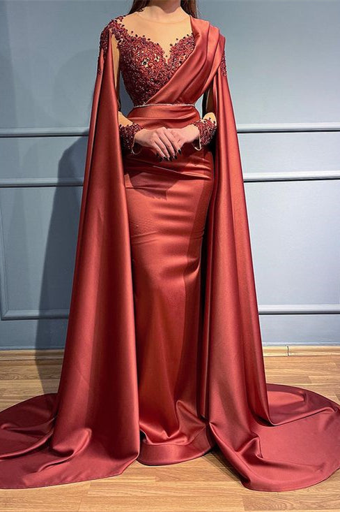 Lange Ärmel Perlen Meerjungfrau Applikationen Ballkleid mit Rüschen