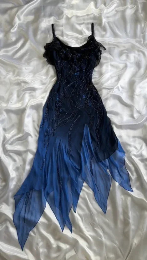 Vestido de noite formal luxuoso azul-marinho em chiffon com contas para festa e baile Y7529