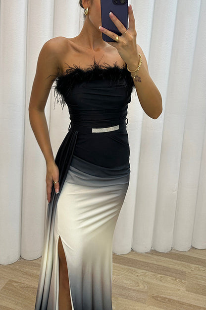 Wild Elegance Maxikleid mit Farbverlaufsdruck, Federbesatz, Gürtel und Schlitz 