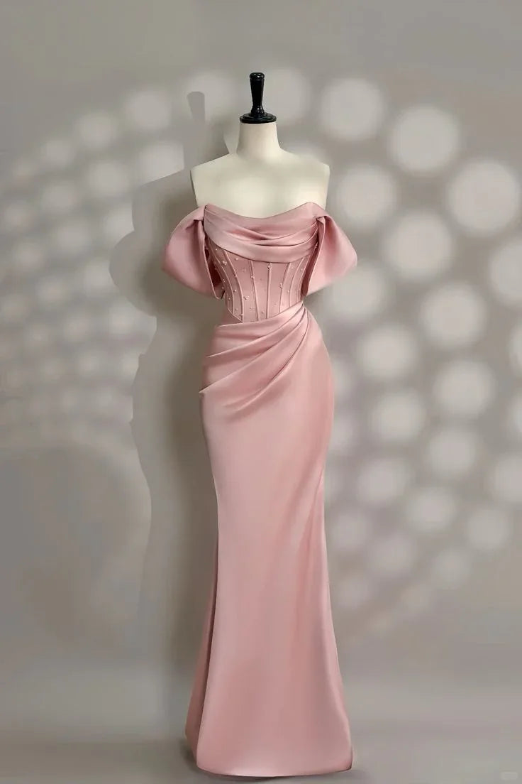 Vestido de Noite Rosa Bonito de Sereia com Contas de Pérola e Ombros Descobertos Vestido de Baile Y7604