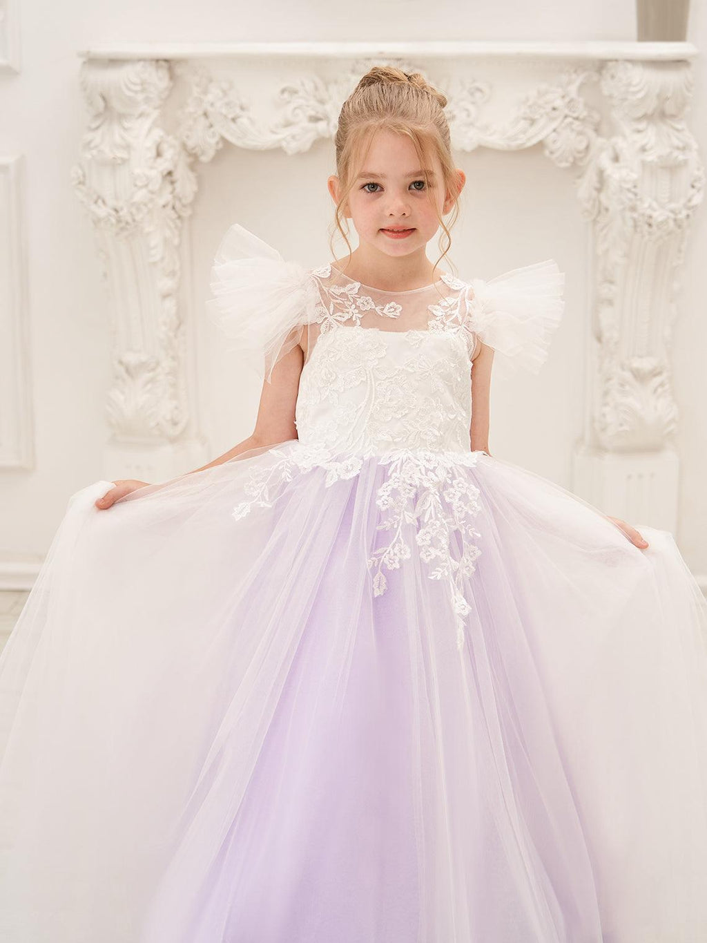 Detachable Lace Tulle Flower Girl Dress With Bow And Sweep Train