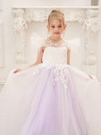 Detachable Lace Tulle Flower Girl Dress With Bow And Sweep Train