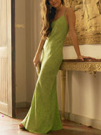 Elegante Abito Lungo Scollato a V in Jacquard Verde Lime