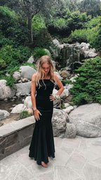 Vestido Longo de Baile Preto com Alças Finas Estilo Sereia Vestido Encantador para Noite Y424