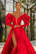 Sexy rotes langes Ballkleid aus Satin mit V-Ausschnitt und Puffärmeln und Schlitz