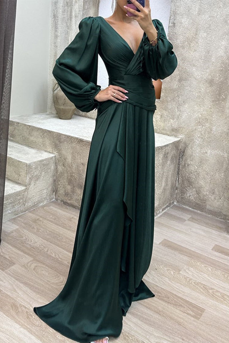 Robes de soirée élégantes et formelles, unies, avec encolure en V plissée (3 couleurs)