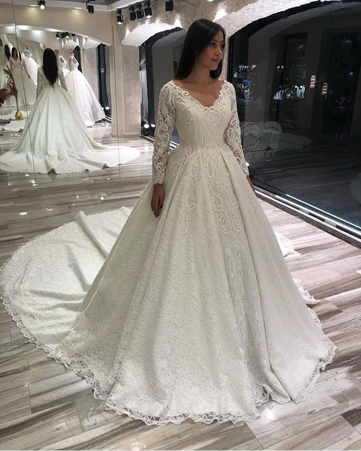 Classic A Line Long Sleeves Floor Length Deep V Neck Wedding Dress Applique Lace