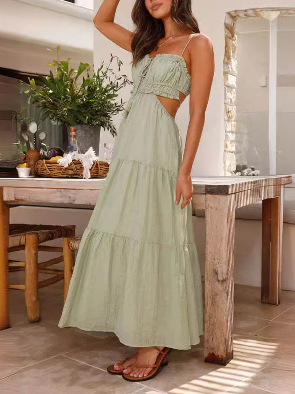 Vestido de patchwork plisado sin mangas con dobladillo completo y hueco 