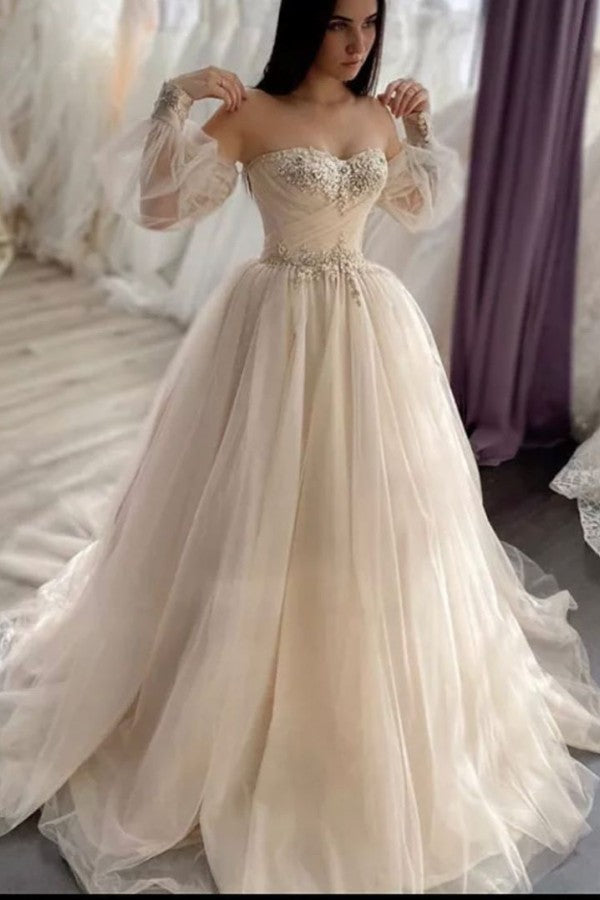 Romantic Lace Long Sleeve Backless Appliques Wedding Dress With Crystal Tulle