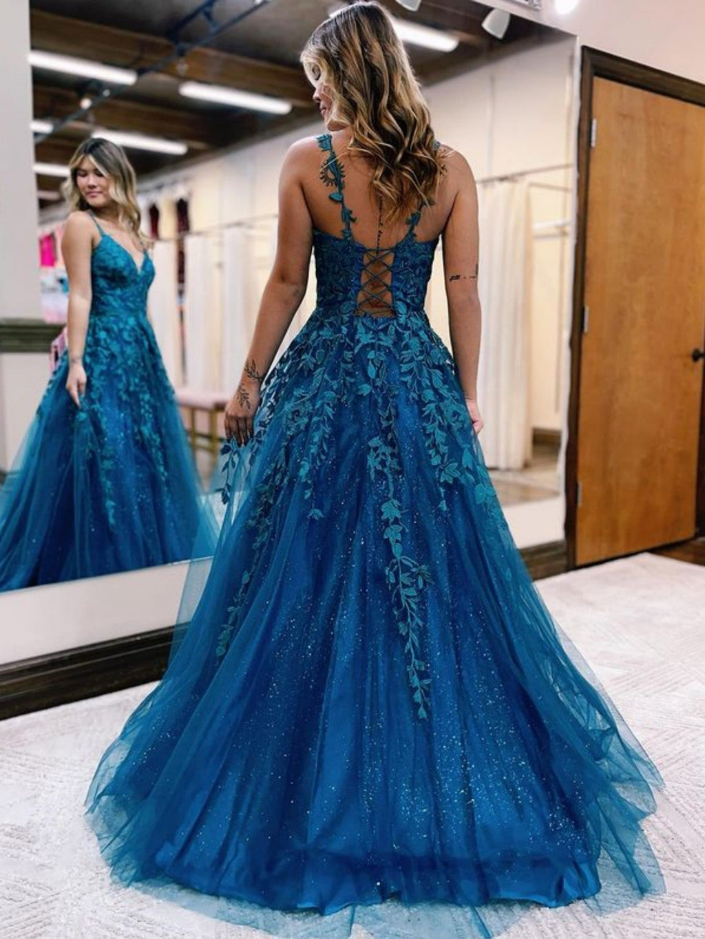 A Line Ink Blue Glitter Tulle Lace Prom Dress