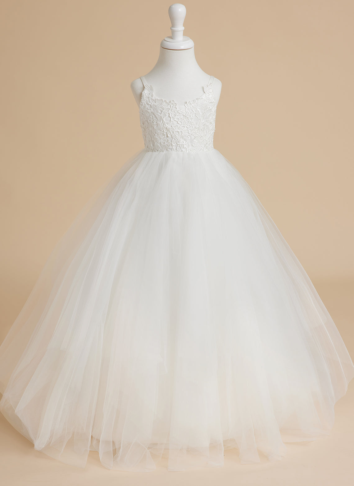 Ball-Gown/Princess Lace Tulle Floor-length White Dress (010145213)